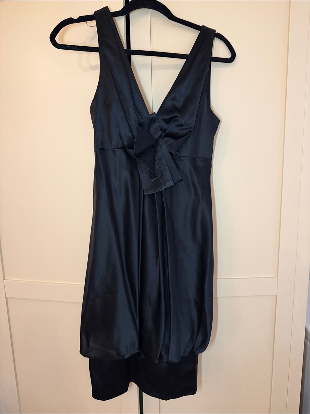 Satin Black V-Neck Midi Dress with Front Knot